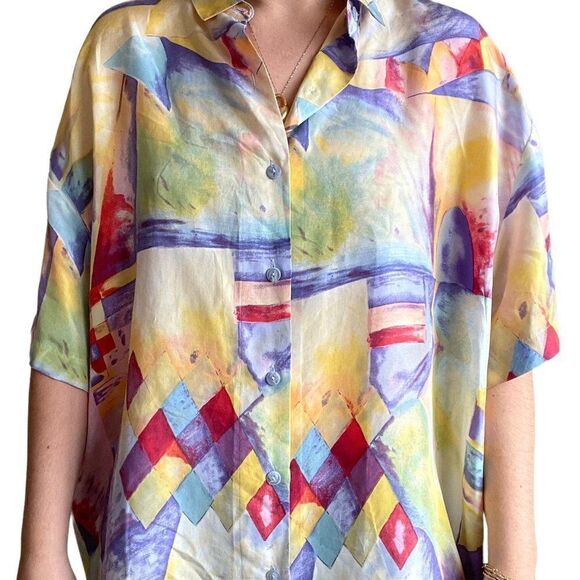 Vintage 80s Womens 100% Silk Sheer Sexy Floral Button Down Geometric Blouse Sz L - Picture 7 of 7